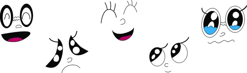 Set of doodle emotions. Different mood. Big eyes with white highlights. Hand drawing. Children's illustration.