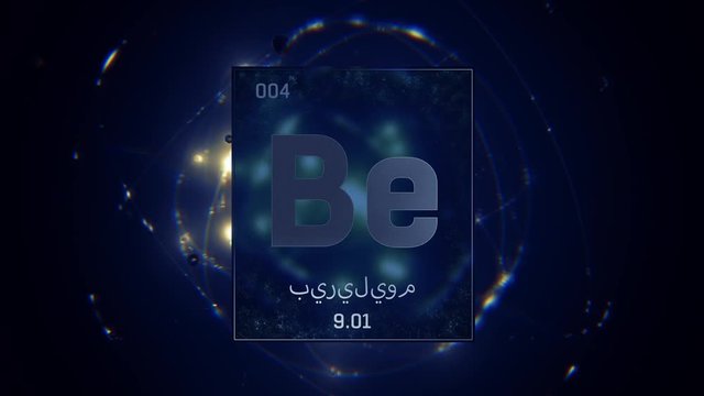 Beryllium as Element 4 of the Periodic Table. Seamlessly looping 3D animation on blue illuminated atom design background orbiting electrons name, atomic weight element number in Arabic language