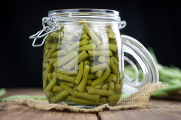 Preserved Green Beans (selective focus; close-up shot)