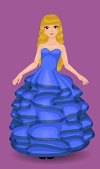 Pretty blond girl dressed in trendy blue clothes with ruffles and pleats