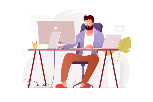 Programmer works at home at the computer. Remote work in the home office. IT specialist freelancer. Colorful vector illustration in flat cartoon style.