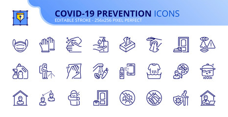 Simple set of outline icons about Coronavirus prevention.