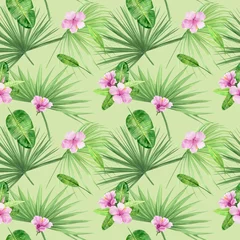 Foto auf Glas Watercolor illustration seamless pattern of tropical leaves and flower hibiscus. Perfect as background texture, wrapping paper, textile or wallpaper design. Hand drawn © NataliaArkusha