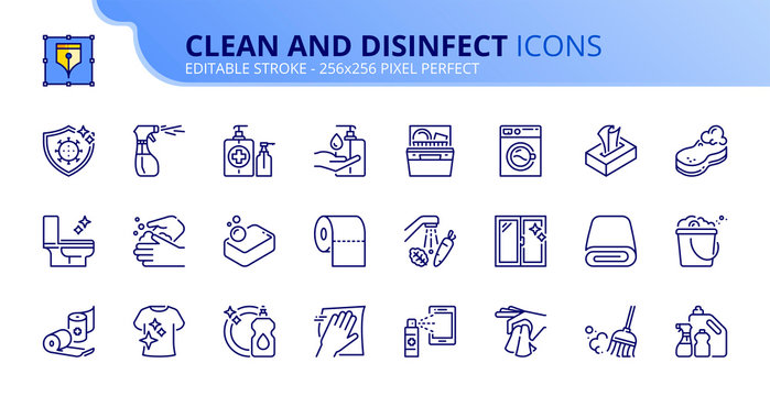 Simple set of outline icons about  clean and disinfect.