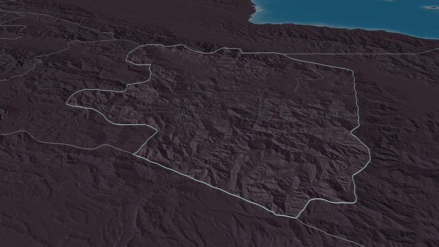 Eastern Highlands, province with its capital, zoomed and extruded on the administrative map of Papua in the conformal Stereographic projection. Animation 3D