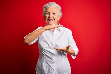 Senior beautiful woman wearing elegant shirt standing over isolated red background gesturing with hands showing big and large size sign, measure symbol. Smiling looking at the camera. Measuring