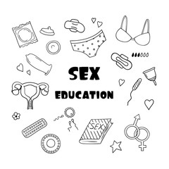 Sex education set of elements in doodle style. Black and white vector clipart.