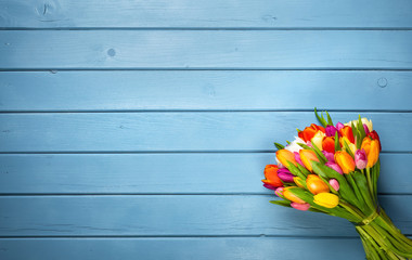 Colorful bouquet of tulips on blue wooden background. Spring flowers. Greeting card with copy space for Valentine's Day, Woman's Day and Mother's Day. Top view