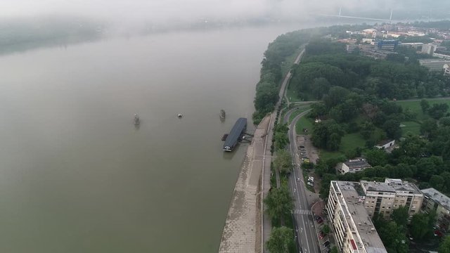 Novosadski kej. Early morning. Fog. Birds-eye view. Aerial footage 5