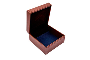 Isolated exquisite open leather brown box on a white background. The concept of a gift, surprise or dream fulfillment.