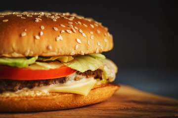 Fresh homemade burger or hamburger, fast food, macro photo, copy space.