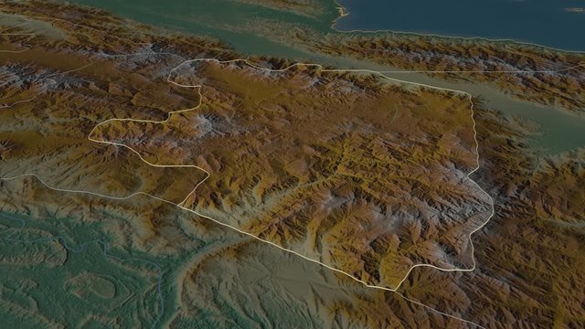 Eastern Highlands, province with its capital, zoomed and extruded on the relief map of Papua in the conformal Stereographic projection. Animation 3D