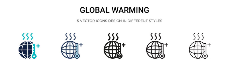 Fototapeta na wymiar Global warming icon in filled, thin line, outline and stroke style. Vector illustration of two colored and black global warming vector icons designs can be used for mobile, ui,