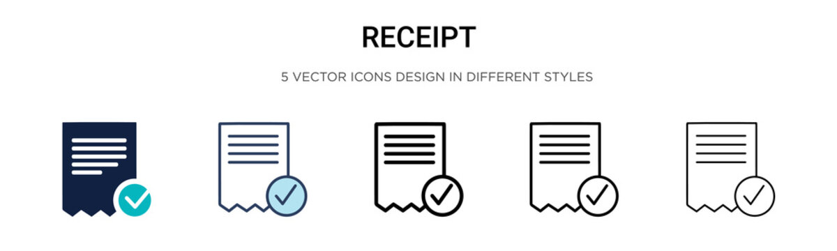 Receipt icon in filled, thin line, outline and stroke style. Vector illustration of two colored and black receipt vector icons designs can be used for mobile, ui,
