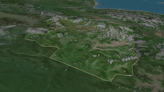 Eastern Highlands, province with its capital, zoomed and extruded on the satellite map of Papua in the conformal Stereographic projection. Animation 3D