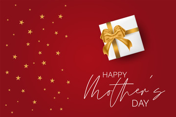 Fototapeta na wymiar Happy Mother's Day celebration banner or poster. White presents with golden bow on red background with lettering. Vector illustration.