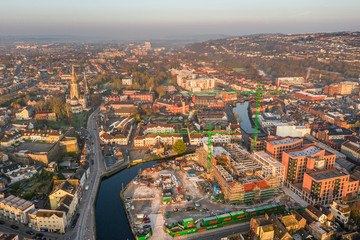 Obraz premium Amazing aerial view drone Cork City center Ireland Irish landmark downtown building st fin barre’s cathedral