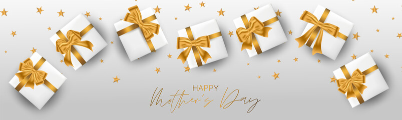 Fototapeta na wymiar Happy Mother's Day banner or website long header. A set of white gift boxes with golden bows. Realistic vector illustration.