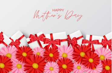 Mother's Day poster or banner. Gift boxes with red bow under flowers. Celebration holiday concept. Realistic vector illustration.