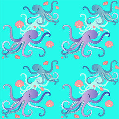 Octopuses and shells - marine seamless vector pattern. Seamless pattern with octopuses, shells and scallops with pearls on a sea wave background - summer design for textile or paper.