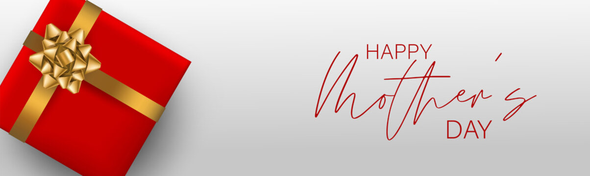 Happy Mother's Day banner or website long header. Red gift box with golden bow. Realistic vector illustration.