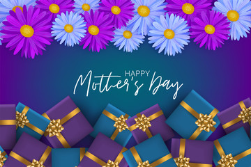 Mother's Day banner or poster. Blue and purple gift boxes and flowers. Mom holiday design concept. Realistic vector illustration.
