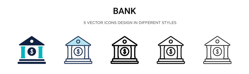 Bank icon in filled, thin line, outline and stroke style. Vector illustration of two colored and black bank vector icons designs can be used for mobile, ui,