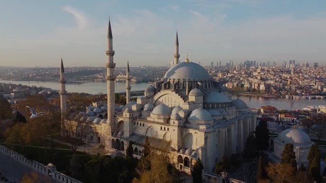 Seagull flying over the Suleymaniye Mosque, Istanbul and Aerial view of Suleymaniye Mosque.