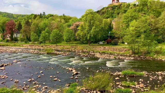The river landscape of the river Nahe at the spa gardens of Bad Kreuznach, Germany.