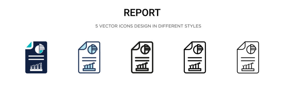 Report icon in filled, thin line, outline and stroke style. Vector illustration of two colored and black report vector icons designs can be used for mobile, ui,