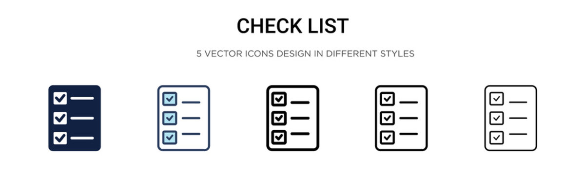 Check list icon in filled, thin line, outline and stroke style. Vector illustration of two colored and black check list vector icons designs can be used for mobile, ui,