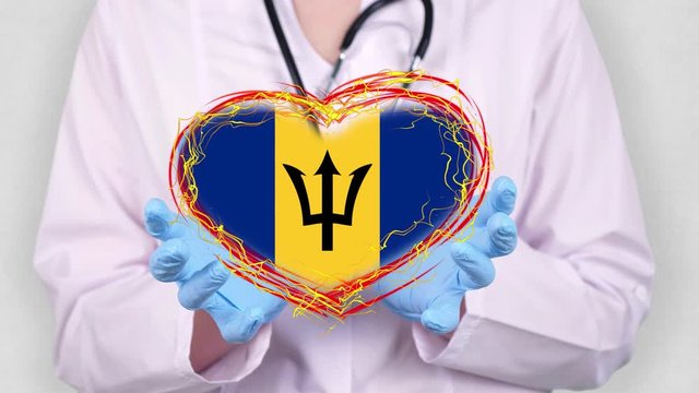 close-up. Doctor in medical white coat, blue gloves holds in hands drawn pulsating heart with Barbados flag. Concept of doctors struggling against global epidemic, coronavirus.