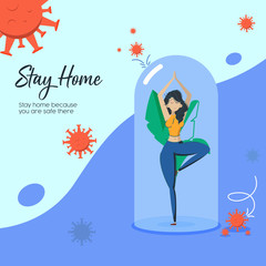 Coronavirus outbreak concept. A girl is standing in a meditation pose under a glass cap. Covid-19 virus in the air. Stay home quarantine. Protect against viruses. Vector illustration