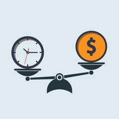 money dollar coin and time on scales. time money. vector symbol in flat style