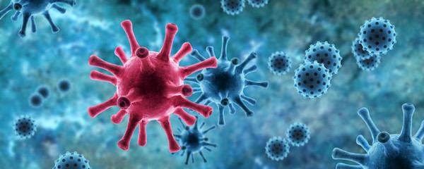 SARS-CoV-2 corona virus in cell on blue background, 3d illustration. COVID-19 coronavirus concept. - obrazy, fototapety, plakaty