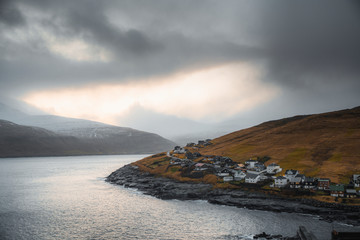 Town by a lake in Faroe islands