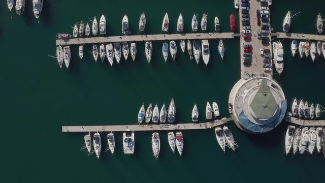 PULA, CROATIA - SEPTEMBER 13, 2019: Aerial shoot of Pula harbor and marina with boats and sailboats, Adriatic tourist destination Pula, Croatia.
