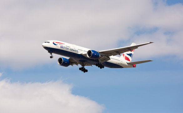 Chicago, USA - April 15, 2020: A British Airways Boeing 777 aircraft landing at O'Hare International Airport.