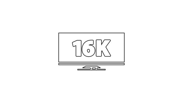 Black line Screen tv with 16k Ultra HD video technology icon isolated on white background. 4K Video motion graphic animation
