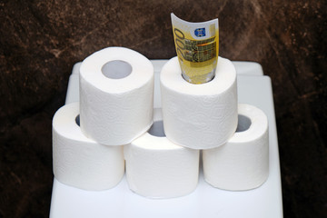 The concept of the cost in euro money for finished toilet paper