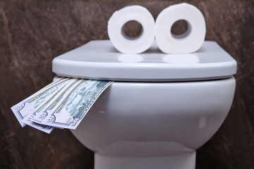 Concept of a fun toilet with a tongue made of us dollars and an eye toilet paper