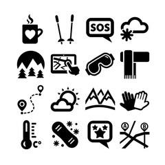 Vector Set of Ski Resort Icons. Winter sports holiday in the highlands and equipment
