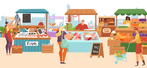 Food market sale stalls, local farmer butcher, fish kiosk shop, bakery and vegetables fruits stands flat vector illustrations. Local market stall selling farm meat, organic food.