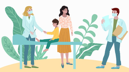 Doctors medical checkup patient child in hospital, mother and child visit at doctors appointment cartoon vector illustration. Pediatrician doctor makes examination of small patient with syringe.
