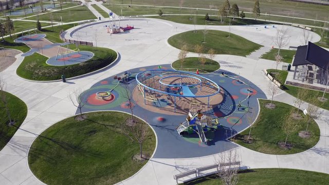 Aerial wraparound splash pad and playground closed for coronavirus spring 2020