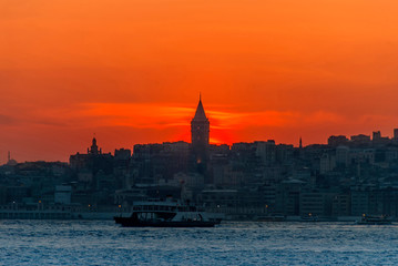 Beyoglu, Istanbul, Turkey, 17 April 2015: Galata Tower, King of Byzantine Anastasius, 528, Sunset.