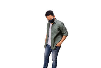 Naklejka premium An Asian short hair man wears black mask.
