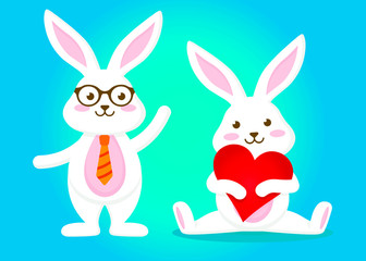 A cute rabbit in glasses and a tie waves his hand to another rabbit who is sitting on the floor with a heart in his hands