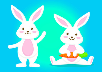 Two cute rabbits, one of them is sitting on the floor holding a carrot in hands