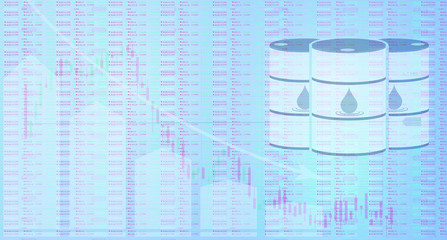 The fall in oil prices. Oil price fall illustration with down arrow, stock market display numbers. Silhouettes of oil drums. Vector illustration